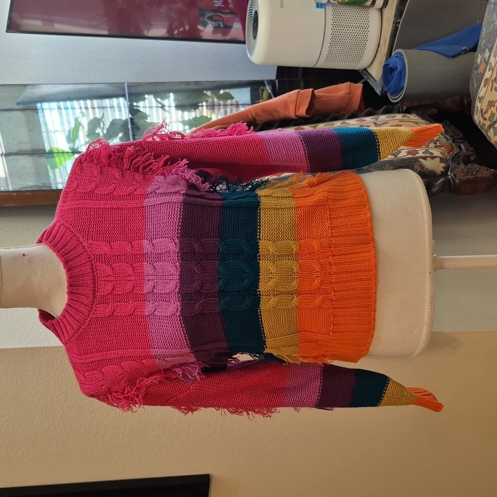 Truce Knit Striped Color Block Pullover Sweater Crew Neck Colorful & Fun